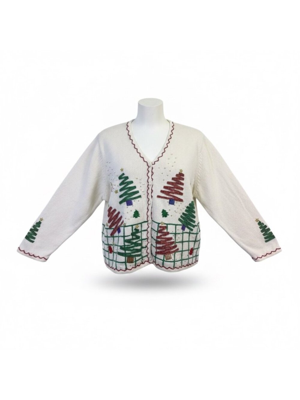 Studio Joy Womens White Holiday Cardigan Embellished Trees Design Sz 3X